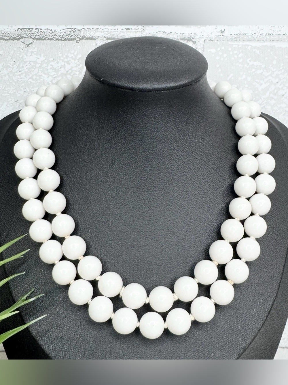 Vintage 60s Japan White Lucite Double Strand Hand Knotted Statement Necklace
